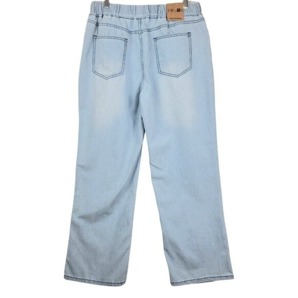 Womens XL comfy elastic tie waist wide leg relaxed light wash distressed jeans - Picture 2 of 11